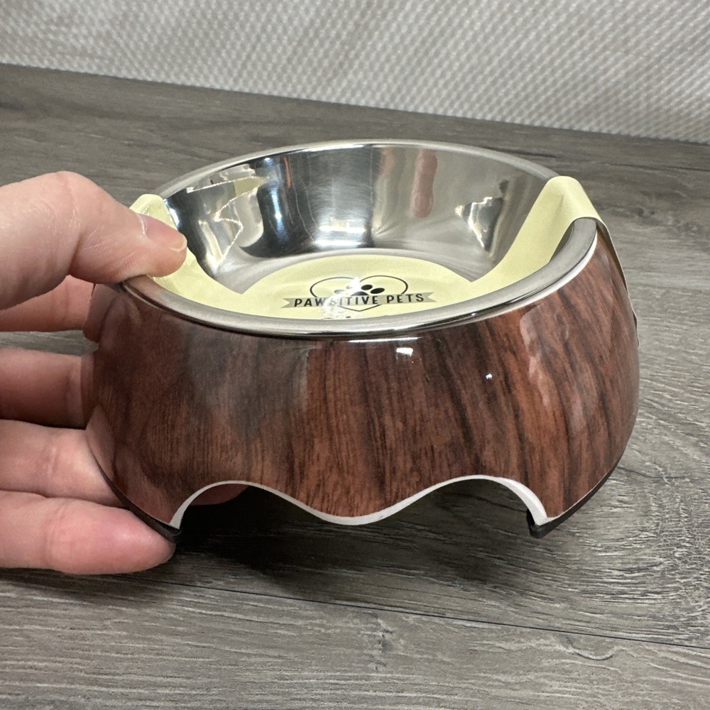 Dog or Cat‎ Food 2 in 1 Melamine Stainless Steel Pet Bowl BPA Free Wood Grain